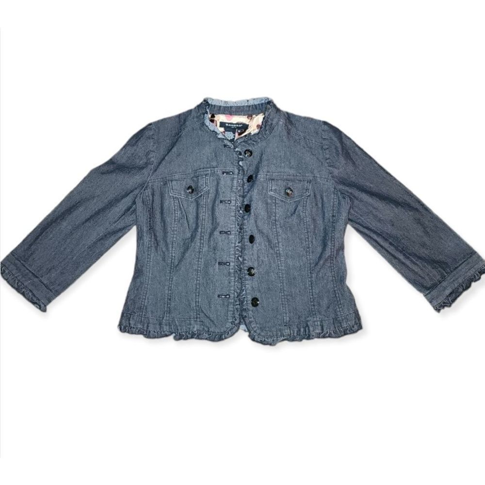 Sandro Women's Lightweight Gray Denim Jacket Blazer with Ruffle Detail